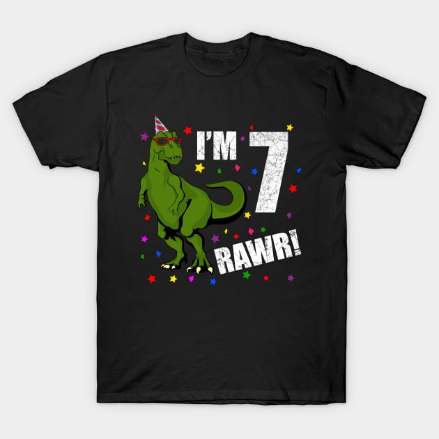 Bday Kids 7 Years Old Dinosaur Birthday T-Shirt by KawaiiAttack